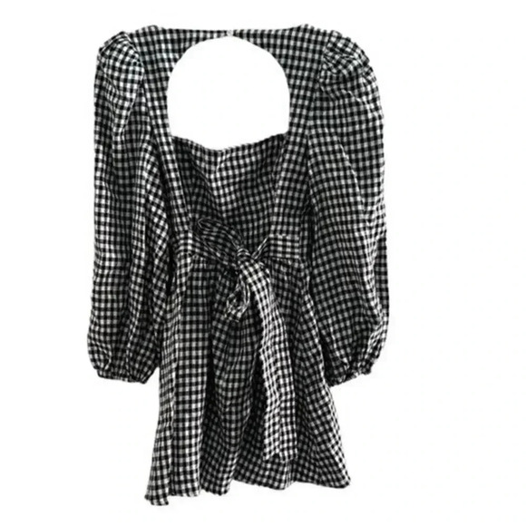 Reformation Mini Dress Size 2 Brodie Linen Puff Sleeve April Plaid Check B544 - Picture 4 of 6